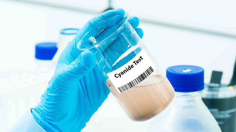 A gloved hand holds a beaker labeled "Cyanide Test" in a laboratory environment