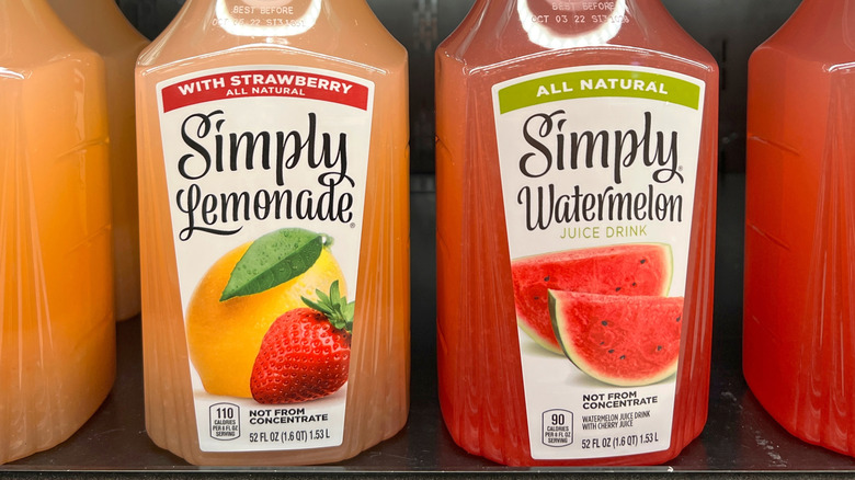 a bottle of Simply Watermelon juice drink on a store shelf.