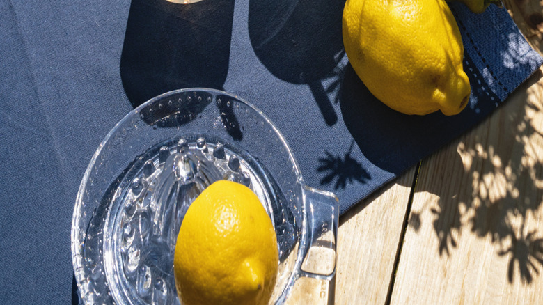 Two glasses of lemonade surrounded by lemons and limes on a wooden deck outside
