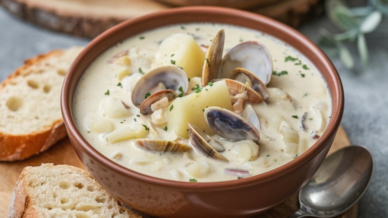A bowl of New England clam chowder.