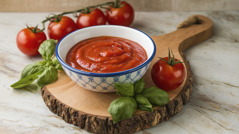 A bowl of marinara tomato sauce with tomatoes and basil in the background