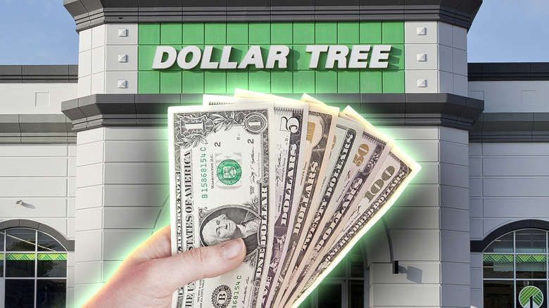 Exterior of a Dollar Tree store with cash in hand