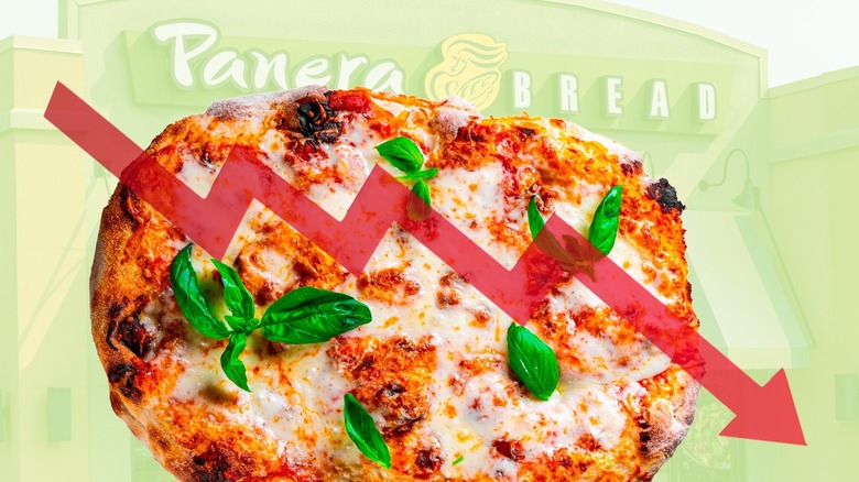 Red downward arrow on image of Crispani pizza with Panera Bread restaurant in background