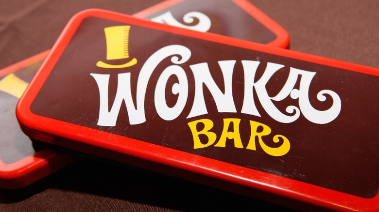 A close-up of a 40th anniversary Wonka Bar.