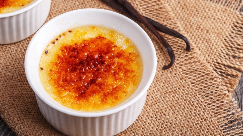 Creme brulee in a ramekin.