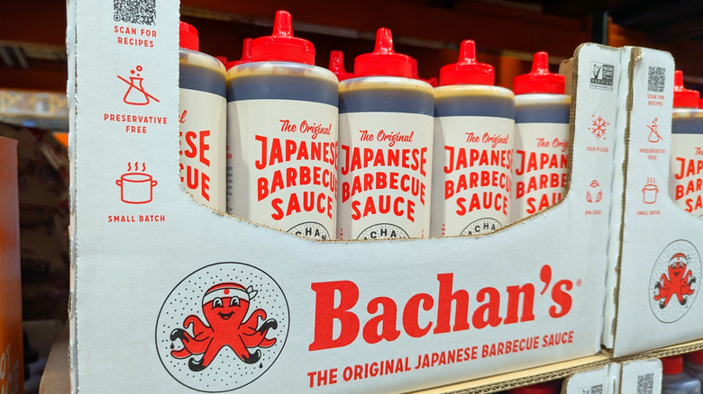 Bottles of Bachan's Barbeuce Sauce sitting on a store shelf