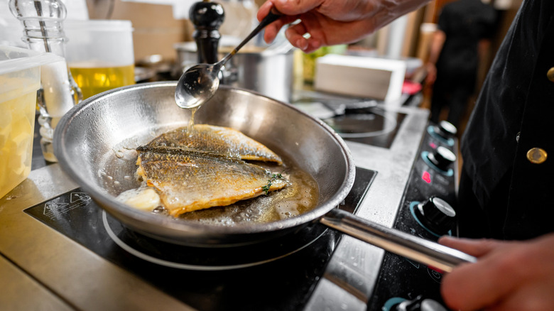 Fish on pan with crispy skin