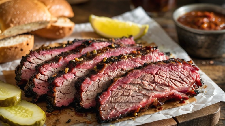 Barbecue brisket being served with pickles.