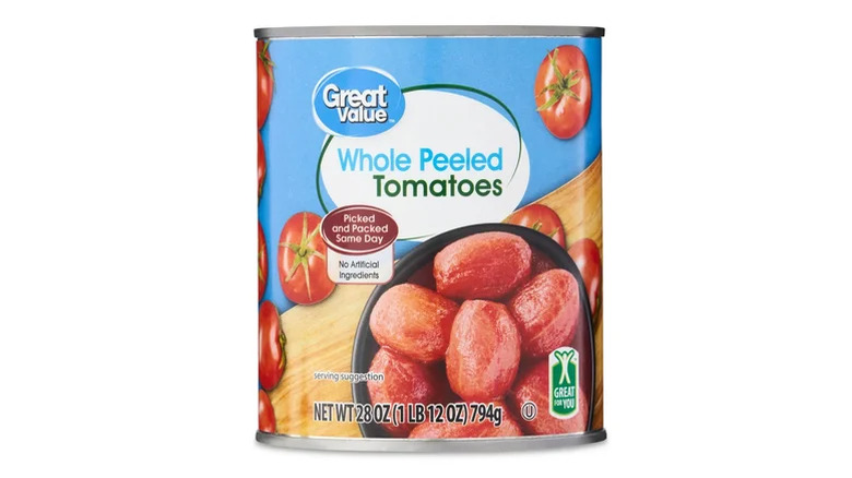 A can of Great Value Whole Peeled Tomatoes