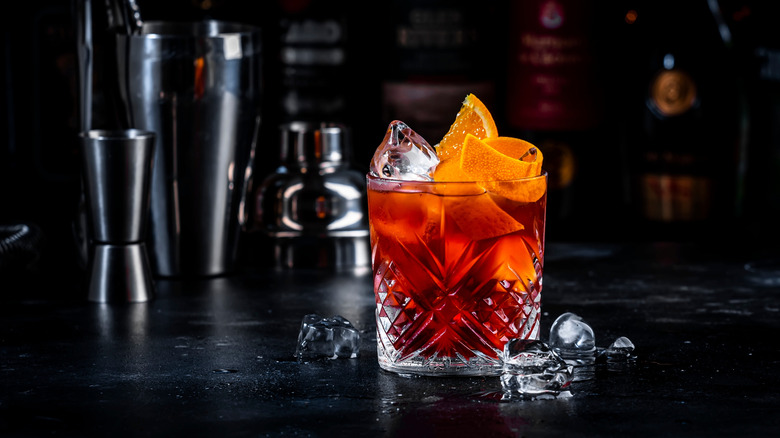 Negroni cocktail with clear ice.