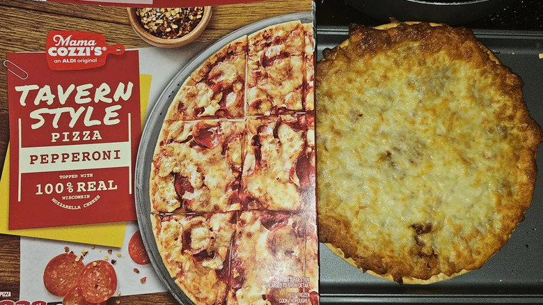 A picture of Mama Cozzi's Tavern Style Pepperoni Pizza cooked sitting next to the box to show the difference between the two.
