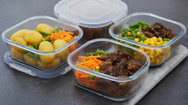 Glass containers with leftover meatballs, vegetables, and potatoes