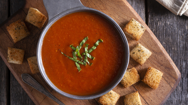 Homemade tomato soup and croutons