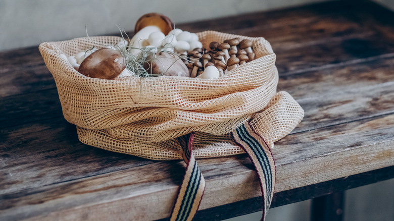 Mushrooms in a mesh bag