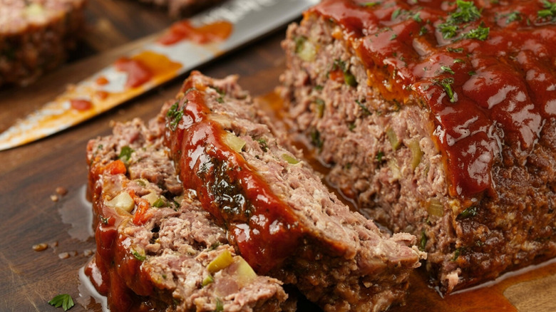 Slices of meatloaf with a tomato sauce glaze