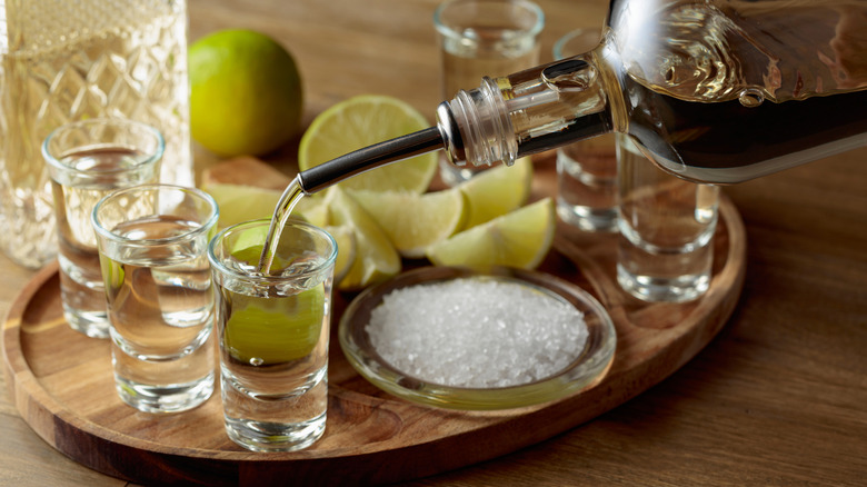 Shots of tequila with lime and salt