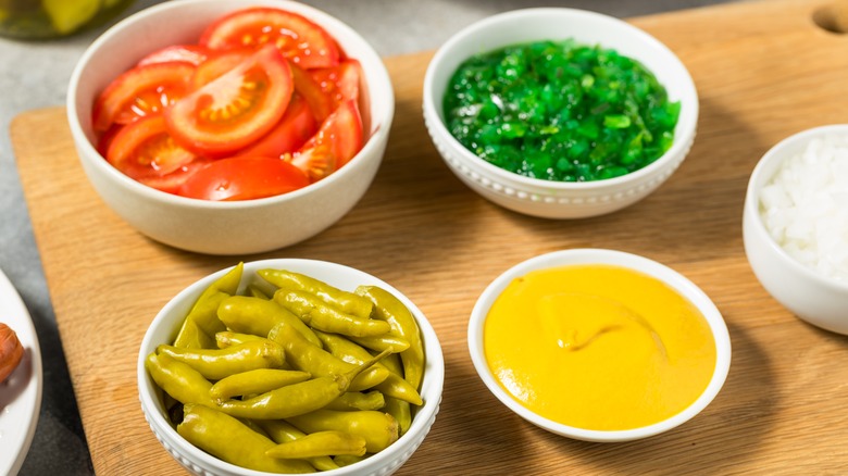 chicago hot dog toppings in prep bowls