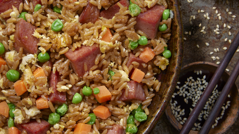 A bowl of pork fried rice