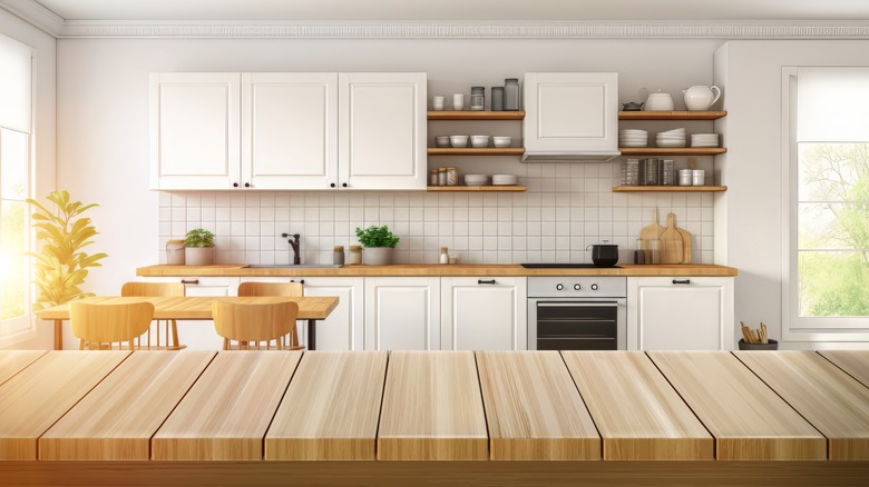 Kitchen with crown molding above the cabinets