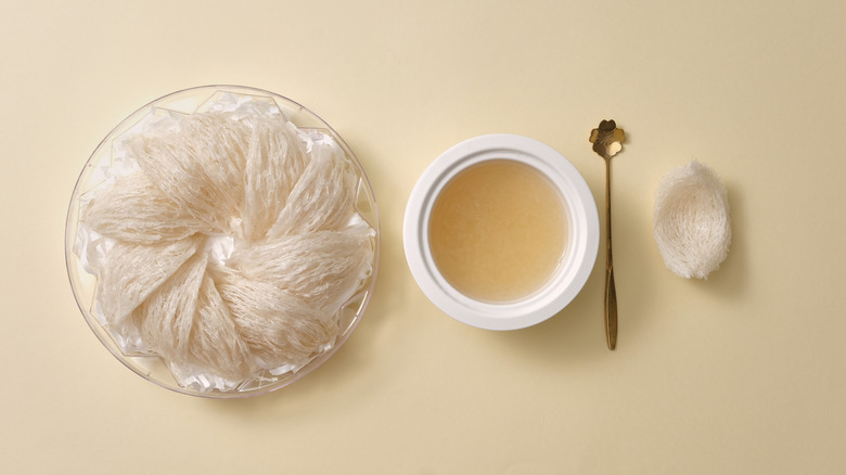 Bird's nest soup next to dried bird's nest