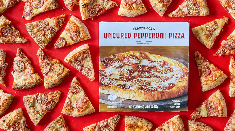 A product image of Trader Joe's Uncured Pepperoni Pizza featuring pizza slices and the product box