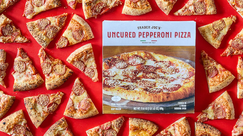 A product image of Trader Joe's Uncured Pepperoni Pizza featuring pizza slices and the product box