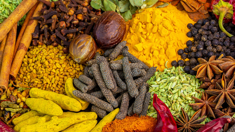whole spices and peppers and herbs at Turkish market