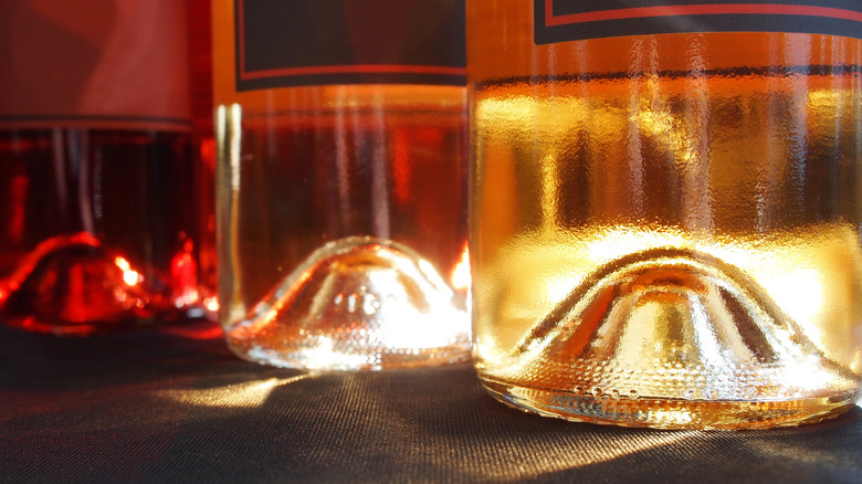 closeup of sunlight hitting wine bottle punts