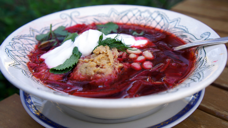bowl of borscht with sour cream
