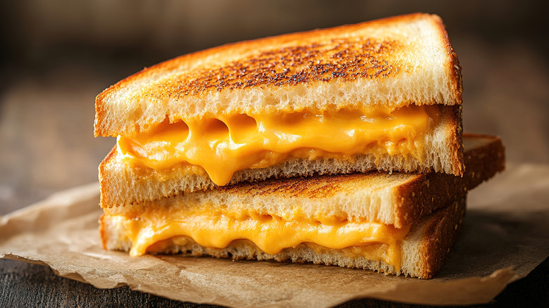 Cheddar cheese oozes from a grilled cheese sandwich on parchment