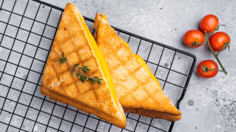 Two halves of a grilled cheese sandwich sitting on a cooling rack with fresh tomatoes