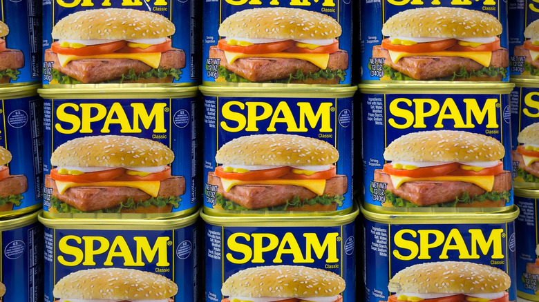 Cans of spam stacked on top of each other