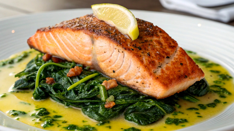 Crispy salmon fillet on a bed of spinach with lemon