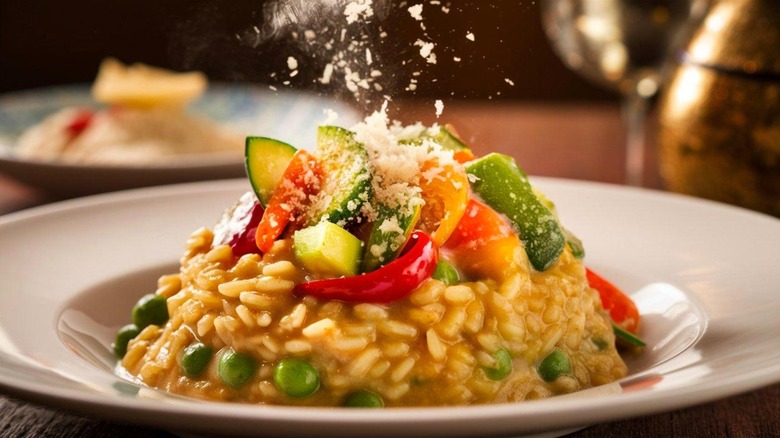 Parmesan being sprinkled on vegetable risotto close up