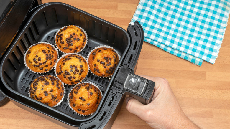 Chocolate chip muffins baked in an air fryer basket