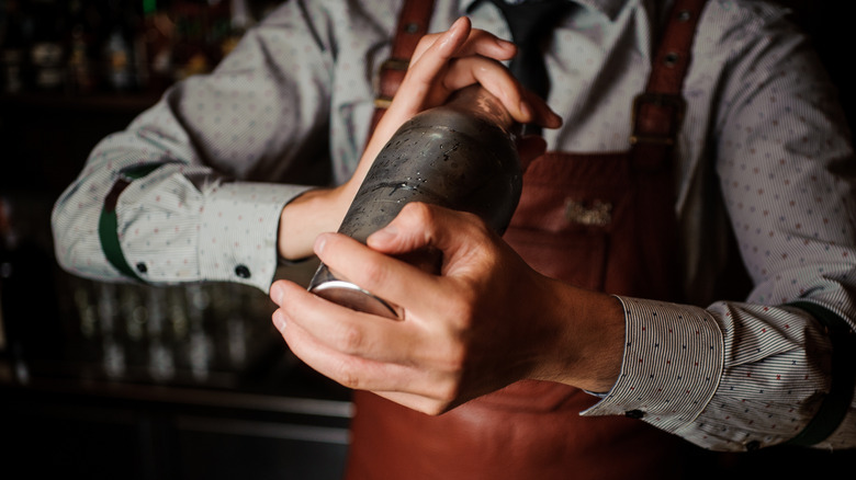 A bartender shaking a drink