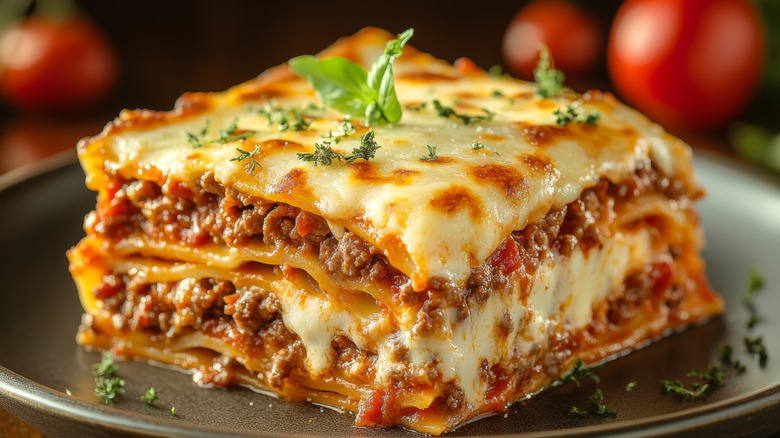 Slice of lasagna decorated with herbs