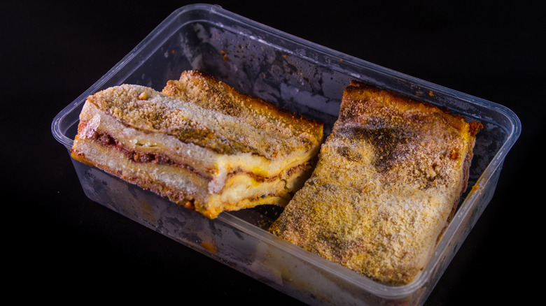 Squares of frozen lasagna in a plastic storage container