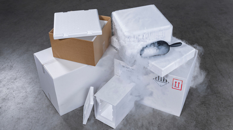Styrofoam containers filled with dry ice