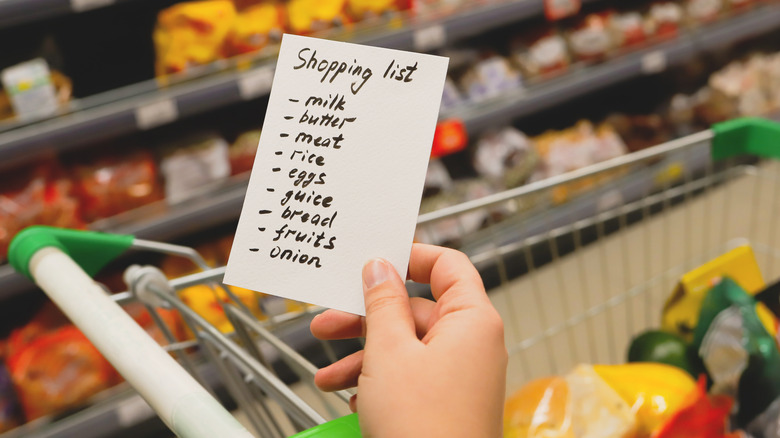 A closeup of a hand holding a shopping list, including staples like milk, eggs, and bread, in a grocery store