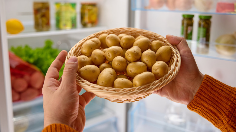 hands hold basket of potatoes in front of fridge