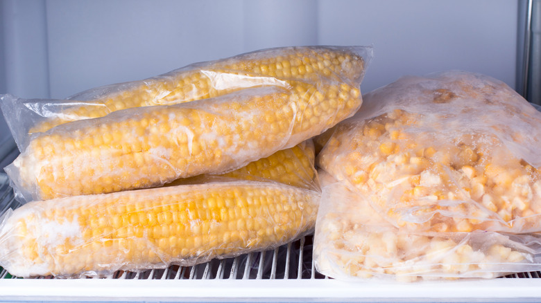 Frozen corn in a freezer.