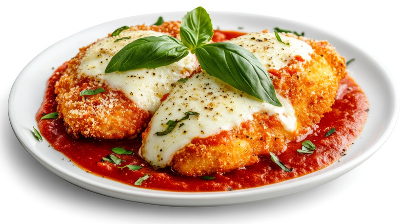 A plate of chicken parmesan topped with fresh basil