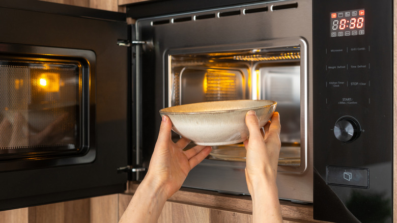 Hands putting a dish in the microwave