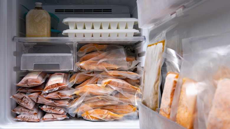 A freezer stuffed with multiple packets of food