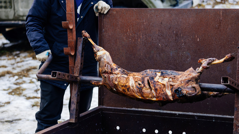 Someone BBQing a whole lamb on a spit over coals