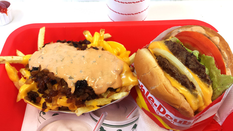 Fries animal style and a double cheeseburger. A standard classic of In-N-Out