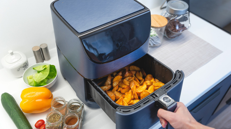 Vegetables and spices next to opened air fryer with potato wedges crisped up