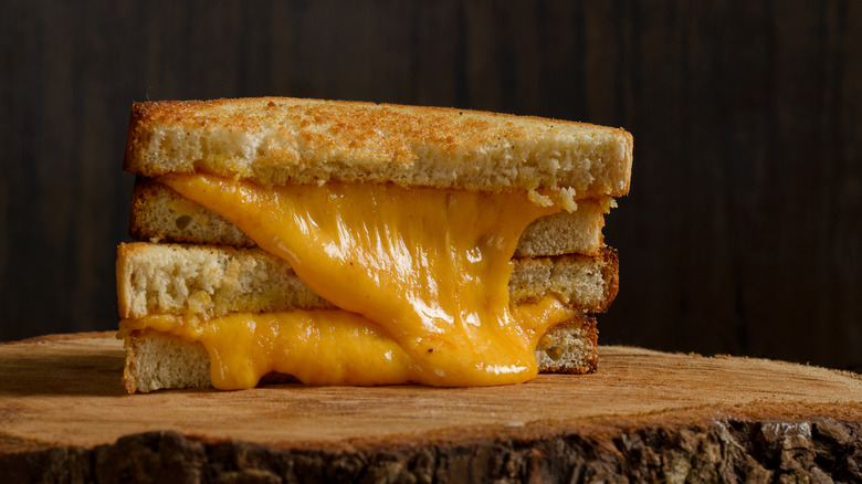 A grilled cheese sandwich with melty cheese sliced in two and placed on top of one another