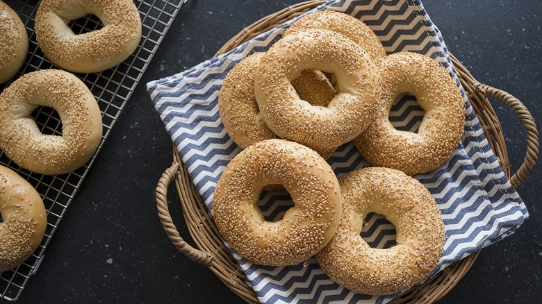 Freshly baked bagels in a stack